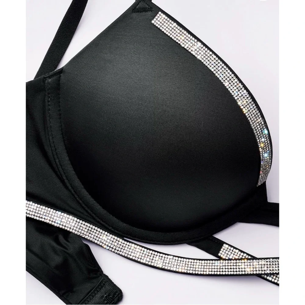 New Victoria’s Secret Shine Rhinestone Strappy Cradle Push Ip Black Bra 38C - Picture 4 of 5